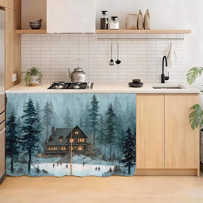 Self Adhesive Cabinet Curtain for Mother's Day, 39x28 Inch Vintage Cabin Under Sink Skirt No Drill, Spring Cleaning Kitchen Decor, Hook and Loop Laundry Valance, Forest Lake Fabric Panel