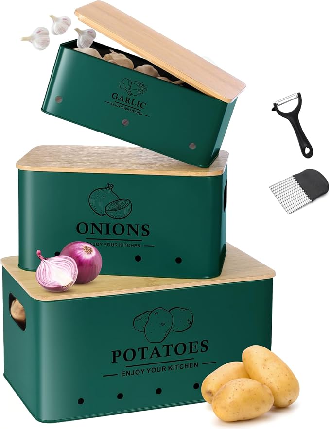 Kitchen Vegetable Storage Set of 3, Metal Onion Garlic Potato Storage Set, Kitchen Canisters Vegetable Keeper Containers with Aerating Holes and Wooden Lid (Alpine Green)