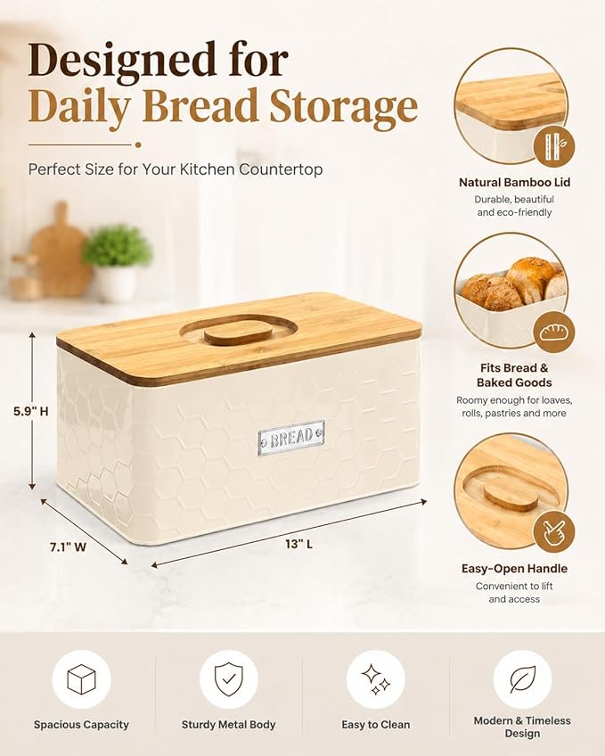 vensovo Bread Box for Countertop – Large Cream White Metal Bread Bin with Bamboo Cutting Board Lid, Farmhouse Bread Storage Container for Homemade Bread, Baked Goods & Kitchen Counter Organization