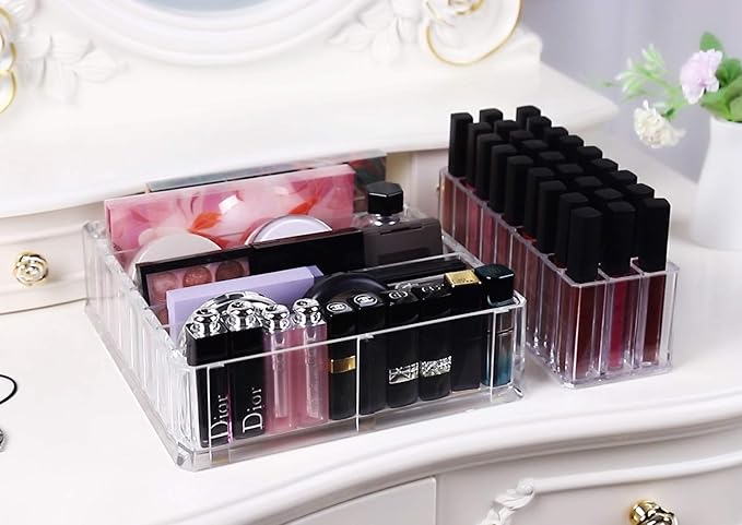 FAJ Eyeshadow Palette Lipgloss Organizers, Acrylic Makeup Holder for Vanity, Drawer Storage, Cosmetics Pallets Countertop Clear Storage (27 spaces)