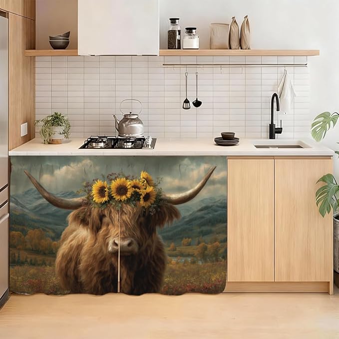Self Adhesive Highland Cow Sunflower Cabinet Curtain for Mother's Day, 39x28 Inch Rustic Farmhouse Under Sink Skirt No Drill, Spring Cleaning Kitchen Decor, Hook and Loop Valance