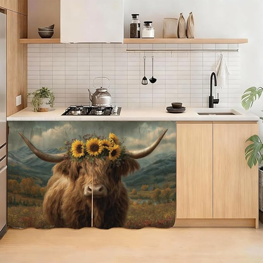 Self Adhesive Highland Cow Sunflower Cabinet Curtain for Mother's Day, 39x28 Inch Rustic Farmhouse Under Sink Skirt No Drill, Spring Cleaning Kitchen Decor, Hook and Loop Valance