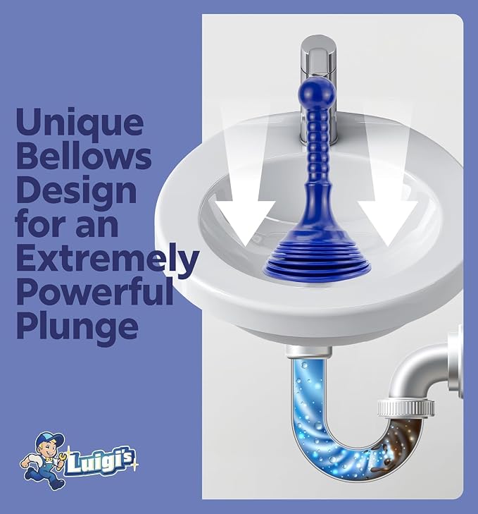 Luigi's Sink Plunger Kitchen - Sink Plunger Bathroom - Drain Bathtub or Shower - Small and Powerful Clog Remover - Commercial Style "Plumbers Plungers" with Large Bellows - Blue - Small