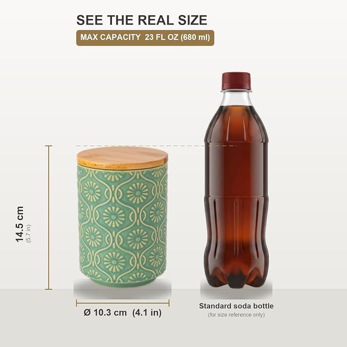 TEATALK Ceramic Canister with Airtight Lid, Perfect for Coffee, Sugar, Tea Storage, 23 Fl Oz, Green