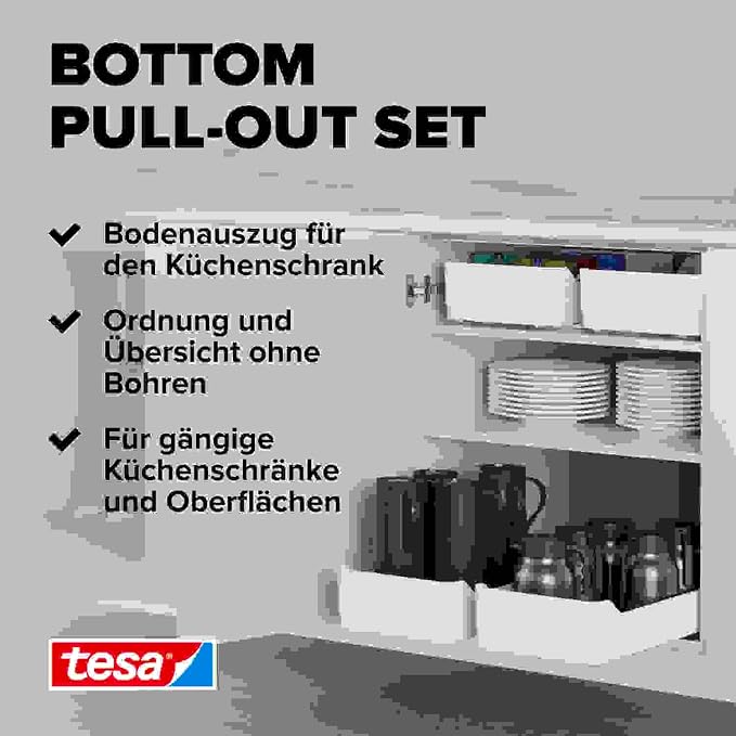 tesa Pull Out Extendable Kitchen Drawer - Self-adhesive Floor Slide for Kitchen Cabinets - Drill Free Drawer Runners - Telescopic Organiser for Kitchen Utensils