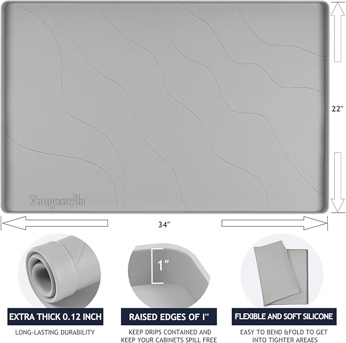 Heavy Duty Silicone Under Sink Mats for Kitchen Waterproof 40" x 22", Extra Thick Under Sink Rubber Mat Drip Tray, Raised Edge Under Sink Liner,Prevent Drips, Leaks, Spills,Grey