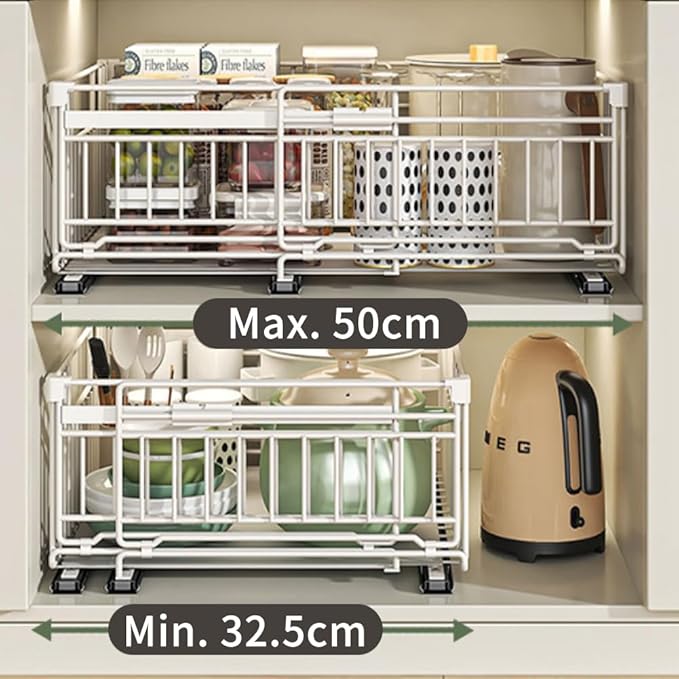 Expandable Pull Out Cabinet Organiser, No Drill Adhesive Slide Out Kitchen Drawer Shelf Durable Metal for Under Sink, Cupboard, Pantry, Adjustable Width (12.8"-19.7") (Style B Black, 1 Pack)
