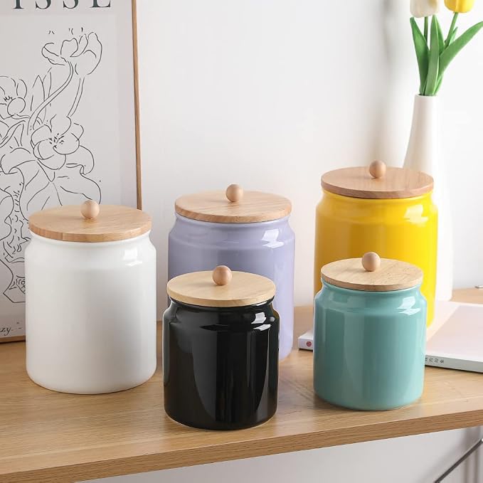 Sweejar Ceramic Kitchen Canisters, 58 FLOZ Porcelain Food Storage Jar with Airtight Seal Wooden Lid, Home Container Serving for Coffee Beans, Tea-leave, Sugar, Salt and More, Tool Bucket (White)
