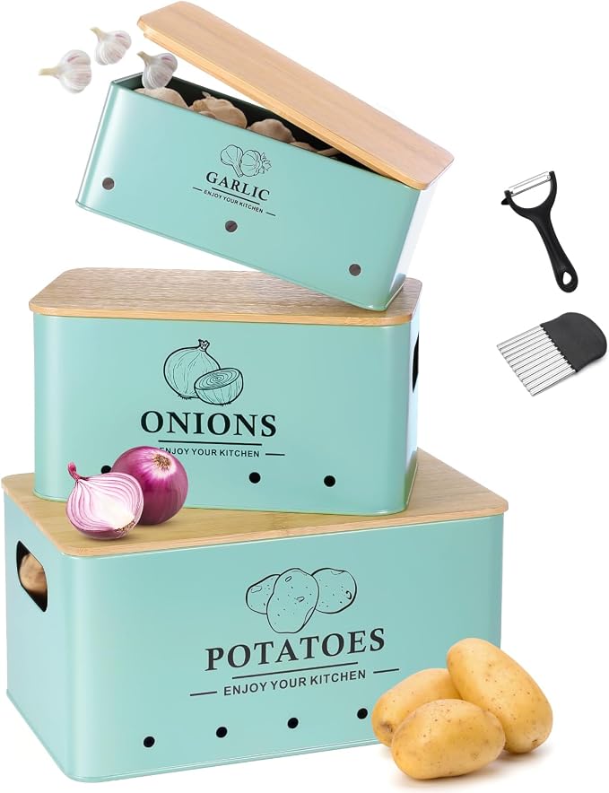 Kitchen Vegetable Storage Set of 3, Metal Onion Garlic Potato Storage Set, Kitchen Canisters Vegetable Keeper Containers with Aerating Holes and Wooden Lid (Blue)