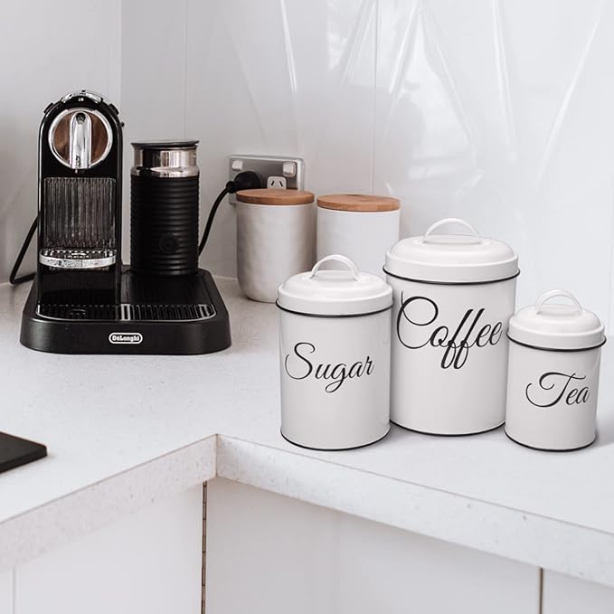 Kitchen Canisters Set of 3, Food Storage Containers for Kitchen Countertop, Large Airtight Coffee Sugar Tea Containers with Lids, White Farmhouse Kitchen Decor