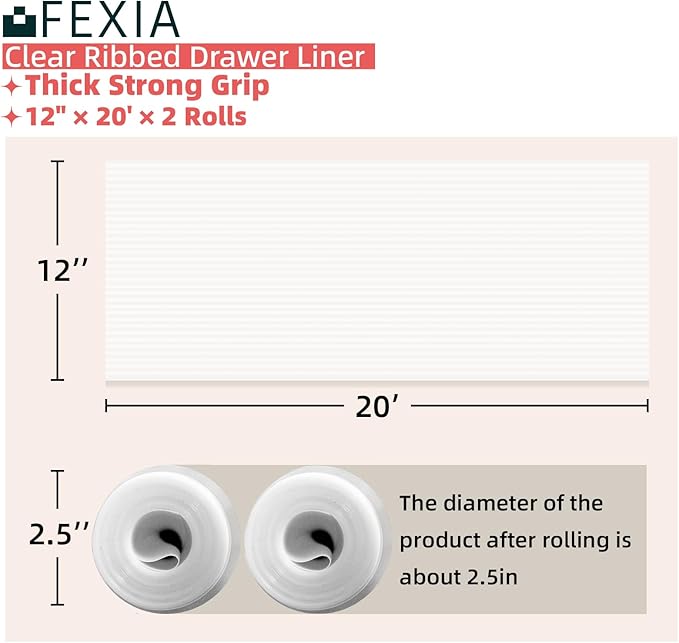 FEXIA Shelf Liners for Kitchen Cabinets Non-Slip Drawer Liner 12 Inches x 20 FT x 2 Rolls Waterproof & Oil-Proof Non Adhesive Durable Material Contact Paper for Cabinets Fridge Liner for Shelves