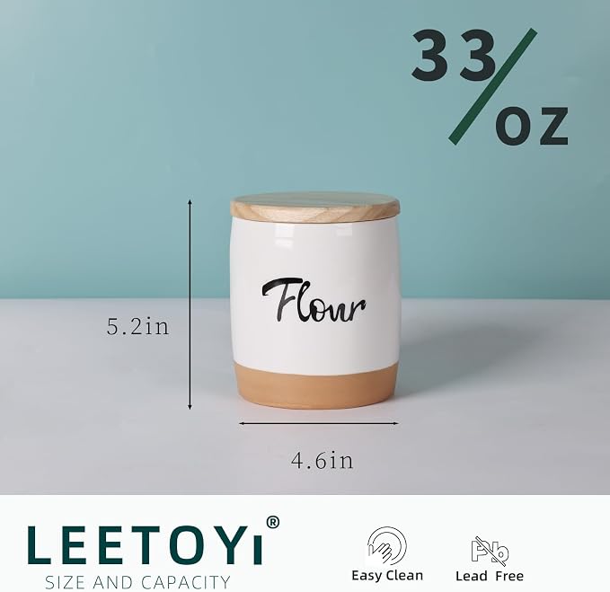 LEETOYI Ceramic Food Storage Containers with Lid,Modern Farmhouse Kitchen Decor, Countertop Food Storage Caddy Organizer, 33oz (Labeled Flour)