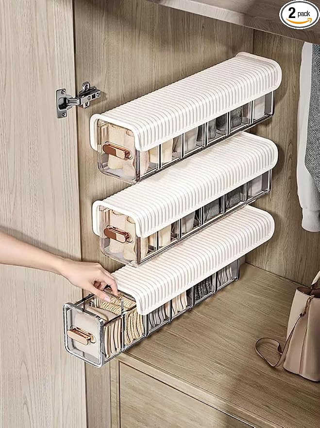 2 PCS No-Drill Wall Mount Underwear Organizer - Clear Drawer with Removable Dividers for Closet, 6-Slot Hanging Storage for Socks, Bras, Panties, Smooth Gliding & Space Saving (Grey/Transparent)