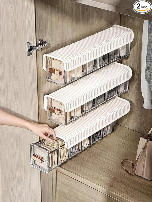2 PCS No-Drill Wall Mount Underwear Organizer - Clear Drawer with Removable Dividers for Closet, 6-Slot Hanging Storage for Socks, Bras, Panties, Smooth Gliding & Space Saving (Grey/Transparent)