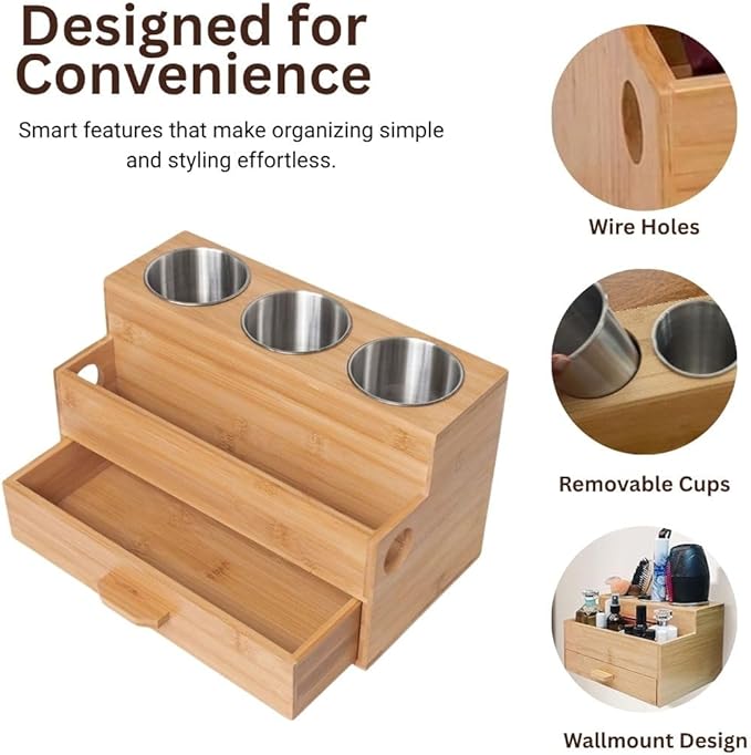 Hair Tool Organizer, Wooden | Bathroom Countertop, Heat-Safe Stainless Steel Cups, Professional Bamboo Styling Station