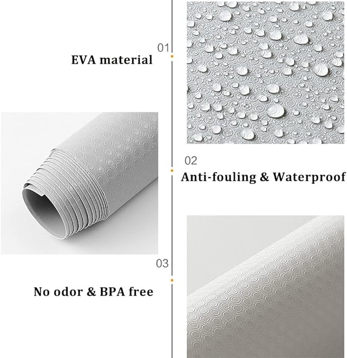 Waterproof Shelf Liner No Slip Drawer Liner for Bathroom, Non Adhesive Kitchen Cabinet Mats EVA Plastic Drawer Mats Roll for Closet, Shelves, Cupboard, Countertop, Fridge Liner -Light Grey 17.7"×78.7"