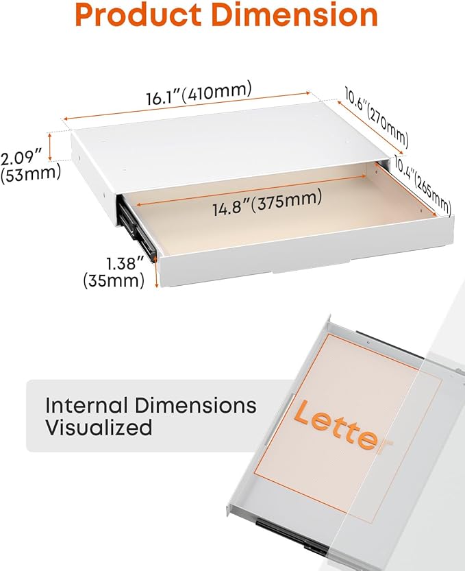 PUTORSEN Under Desk Storage Drawer 14.8" Wide - Smooth Slide Out Organizer for Standing Desk & Home Office, Max Load 17.6 lbs, Quiet Glide, White