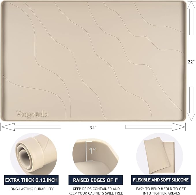 Heavy Duty Silicone Under Sink Mat for Kitchen&Bathroom 28" x 19",Waterproof Under Sink Rubber Mat Drip Tray, Raised Edge Under Sink Liner,Prevent Drips, Leaks, Spills,Beige