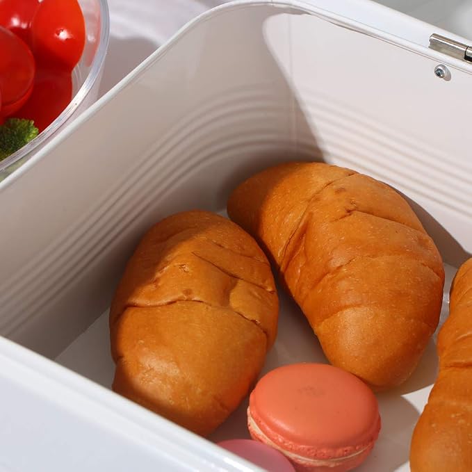 Brightalk Large Bread Box for Kitchen, Metal Bread Storage Bin with Lid, 16.3"x9"x6.7", White