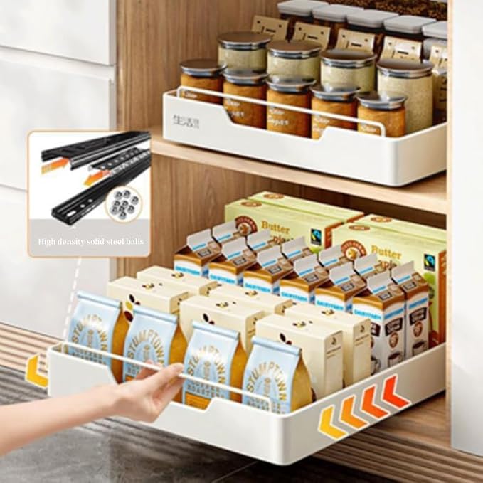 Kitchen Cabinet Organizer Pull Out Drawers Stick On Slide Out Drawers for Cupboards Roll Out Extendable Sliding Drawer No Drill Needed White,Width 35cm