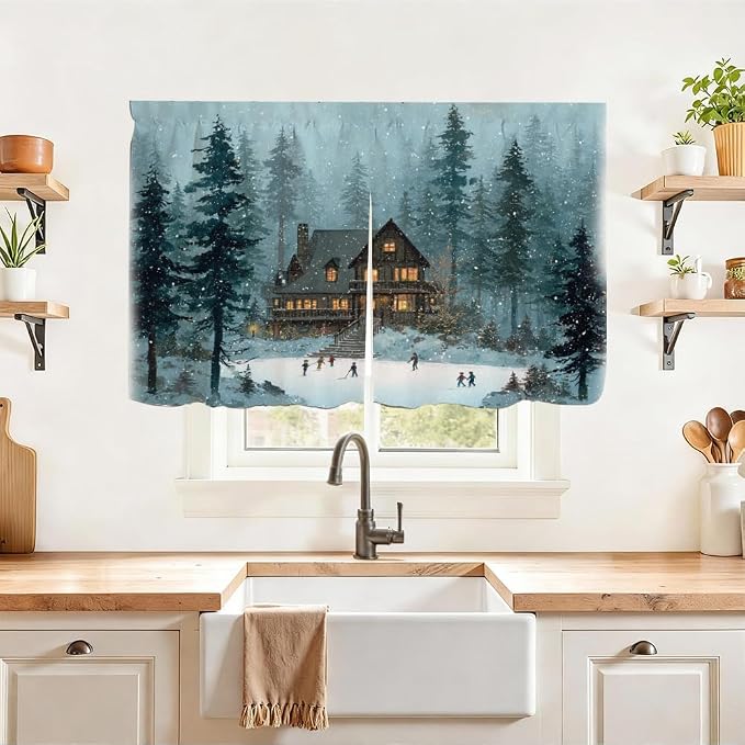 Self Adhesive Cabinet Curtain for Mother's Day, 39x28 Inch Vintage Cabin Under Sink Skirt No Drill, Spring Cleaning Kitchen Decor, Hook and Loop Laundry Valance, Forest Lake Fabric Panel
