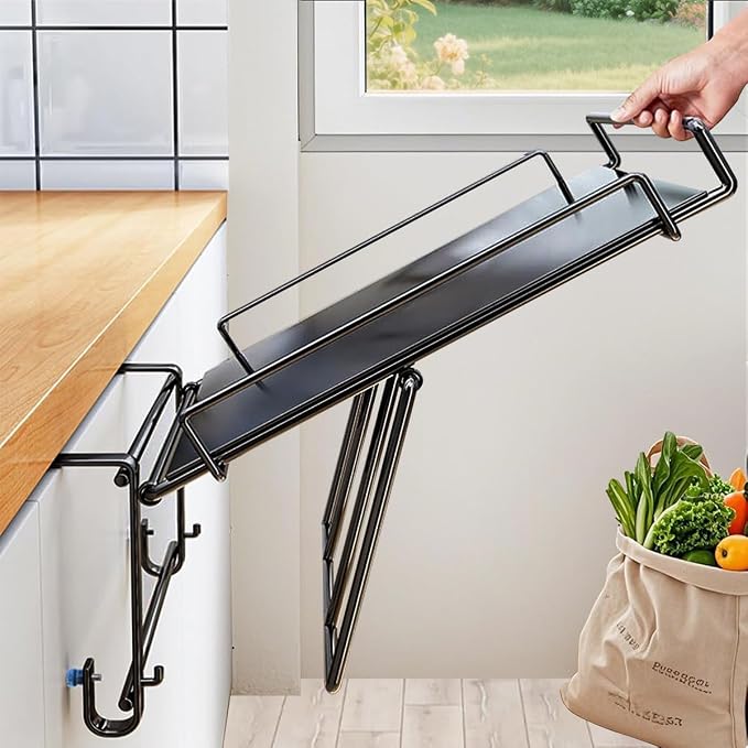 Foldable Cabinet Door Organizer & Countertop Shelf,No Drill Shelf,for Cabinet Pantry Cupboard,Rust-Resistant Design,Easy Installation Easter Gift (Black)