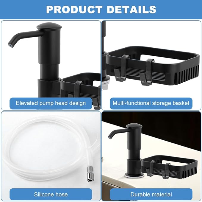 Soap Dispenser Pump for Kitchen Sink with Sponge Rack,Under Counter Sink Soap Dispenser Pump with 39" Extension Tube Kit,Fit for Kitchen Bathroom in Counter(Black)