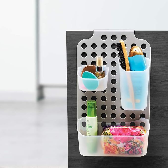 madesmart Adjustable Hanging Storage, Over-Door Organizer with 3 Adjustable Bins for Garbage Bags, Dish Soap, Sponges & Cleaning Supplies, Space-Saving Design, Grey