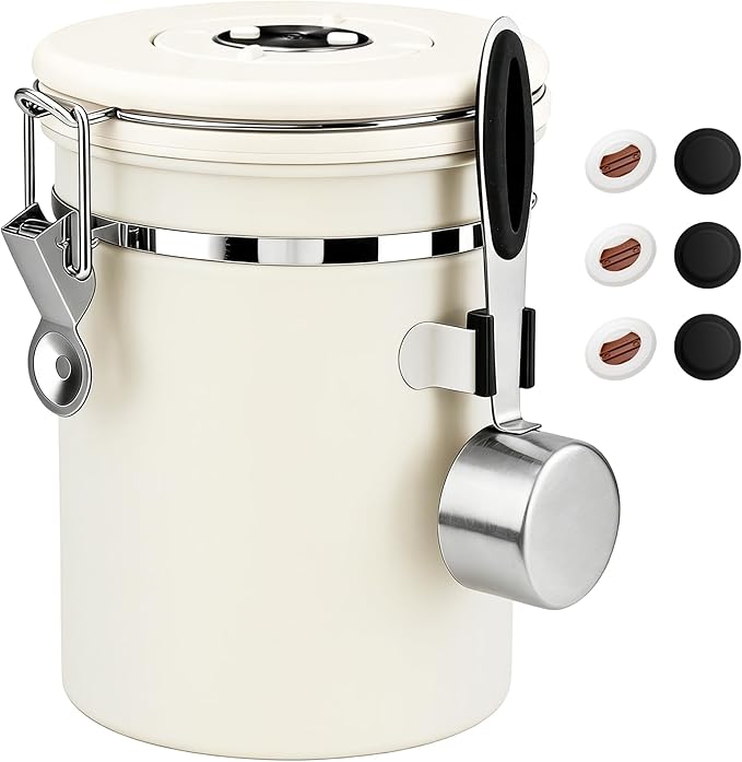 ShanSon Coffee Canister Airtight, Stainless Steel Bean Storage Container with Date Tracker & Scoop, Grounds Sugar Flour Tea Cereal Fits Kitchen Pantry, Ideal Gift for Coffee Lovers,22oz,Beige