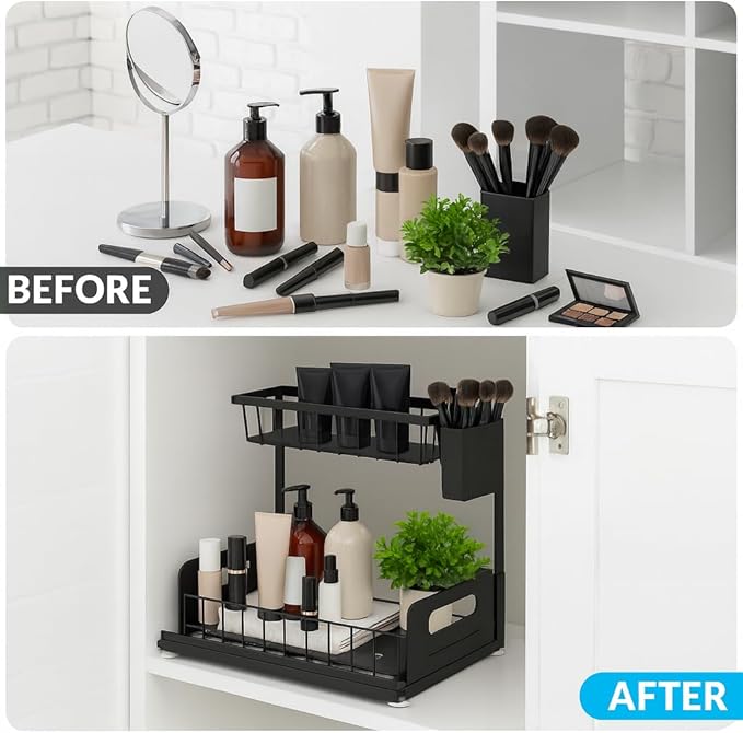 Under Sink Organizer 2 Tier with Slide-Out Drawer and Brush Holder (1)