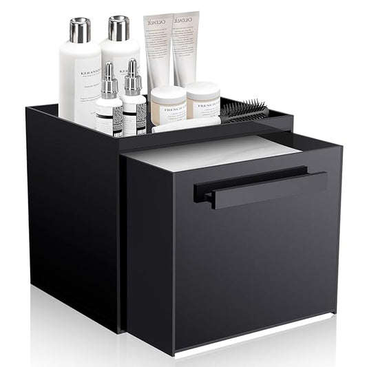 Disposable Face Towel Storage Box Compatible with Clean Skin Club Clean Towel XL Acrylic Cosmetic Organizer Container Box Facial Towels Holder with Drawer Wall-Mounted (Glossy Black)