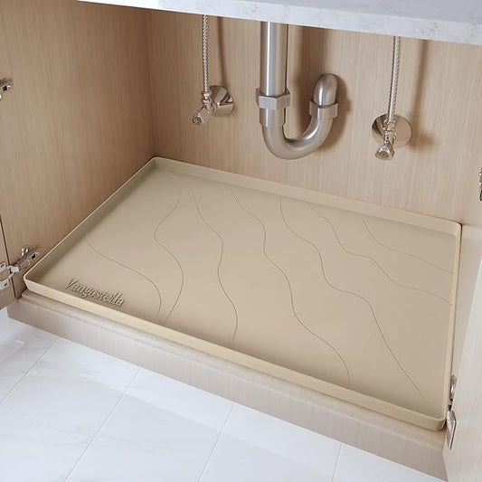 Heavy Duty Silicone Under Sink Mats for Kitchen Waterproof 37" x 22", Extra Thick Under Sink Rubber Mat Drip Tray, Raised Edge Under Sink Liner,Prevent Drips, Leaks, Spills,Beige