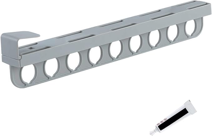 Closet Valet Rod Slide Out, 9-Holes Plastic Pull Out Pants Rack for Closet, Silent Slide Valet Rod, No-Drill Space-Saving Organizer, Gray