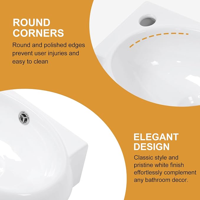 Mocoloo Wall Mounted Bathroom Sink Left Corner Floating Sinks with Faucet Hole 16 Inch White ADA Compliant Ceramic Bathroom Sink Wall Hung Porcelain with Overflow Hole Hand Basin