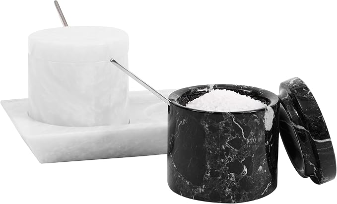 Radicaln Marble Salt Cellar with Lid and Tray 3" Inch Black & White Handmade Salt Dish For Kitchen Countertop, Ideal Set of 2 Seasoning Jars & Table Salt Container For Table