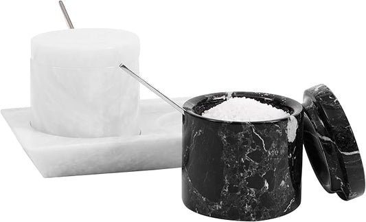 Radicaln Marble Salt Cellar with Lid and Tray 3" Inch Black & White Handmade Salt Dish For Kitchen Countertop, Ideal Set of 2 Seasoning Jars & Table Salt Container For Table