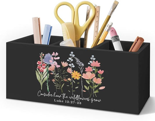 Floral Christian Wooden Pen Pencil Holder for Desk Accessories, Consider How the Wildflowers Grow Bible Verse Wildflowers Wood Makeup Brush Toothbrush Holder Organizer for Vanity Bathroom