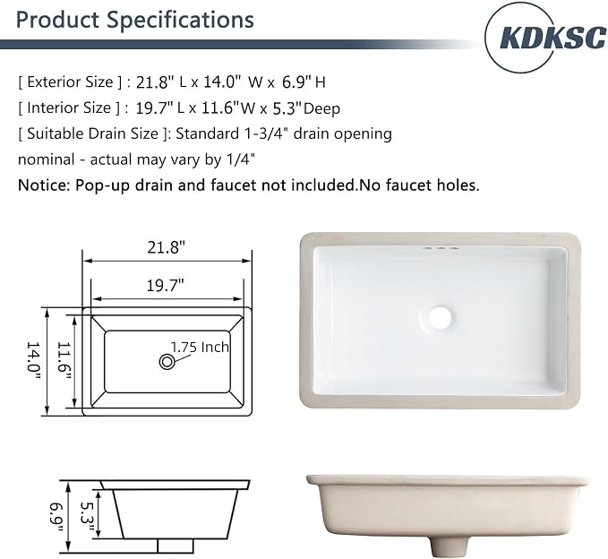 22 Inch Undermount Bathroom Sink Rectangular Undermount Sink White Ceramic Under Counter Bathroom Sinks with Flat Overflow Type (21.8"x 14")