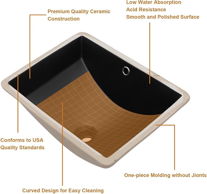 Lordear Undermount Bathroom Sink 18x14 Inch Black Rectangle Porcelain Ceramic Bathroom Sinks Deep Basin with Overflow Lavatory Vanity Sink Mounted Under