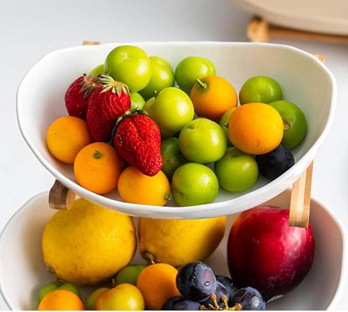 3 Tier Fruit Bowl With Bamboo Stand for Kitchen Counter,Ceramic Fruit Basket Large Capacity for Fruit Vegetable Storage,Snack Dessert Cake Tray Plate Rack for Party Wedding (White)