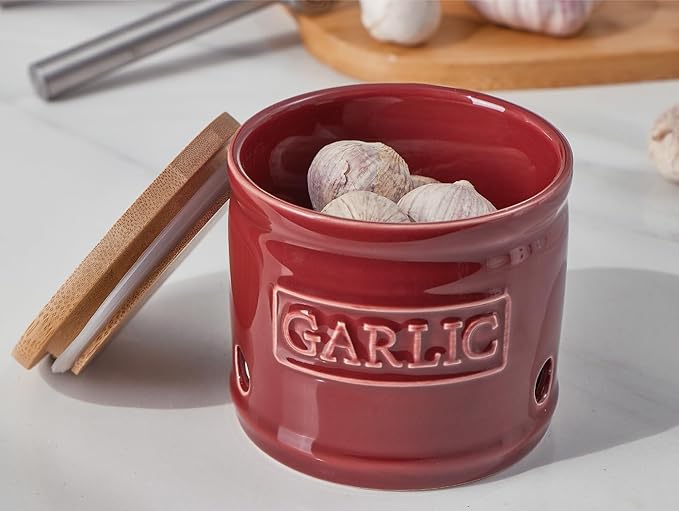 ONEMORE Garlic Keeper with Lid, Ceramic Garlic Saver 4 inch, Dark Red