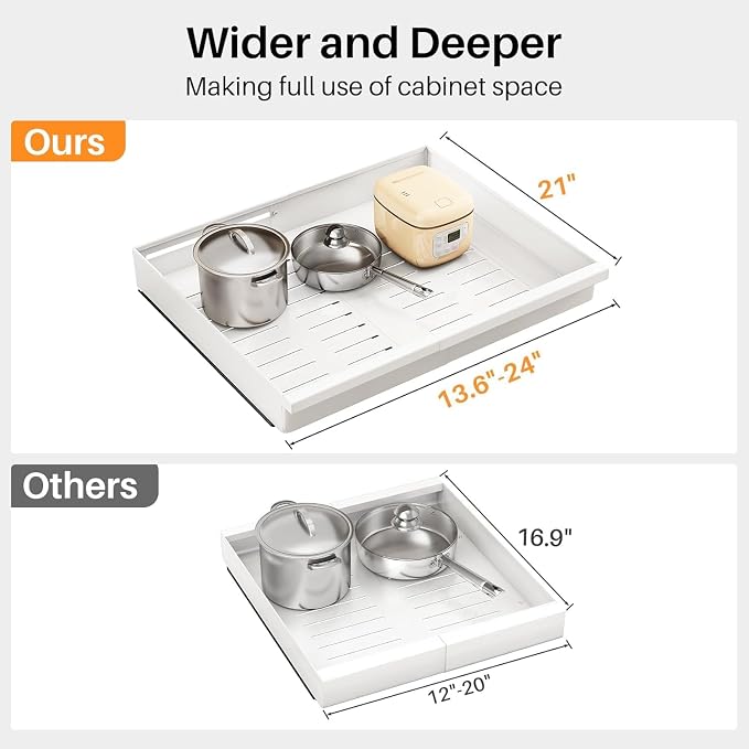 Pull out Cabinet Organizer, 4-Pack Expandable(13.6"-24") Silde out Drawers with Raising Pad for Framed Cabinets, Adjustable Full-Extension Adhesive Roll out Shelves for Kitchen Pantry Home Pot and Pan