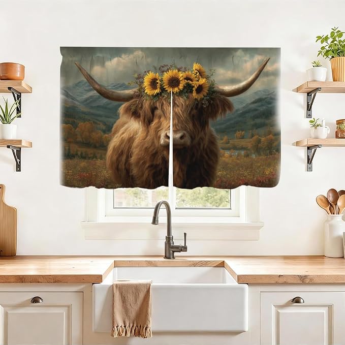 Self Adhesive Highland Cow Sunflower Cabinet Curtain for Mother's Day, 39x28 Inch Rustic Farmhouse Under Sink Skirt No Drill, Spring Cleaning Kitchen Decor, Hook and Loop Valance
