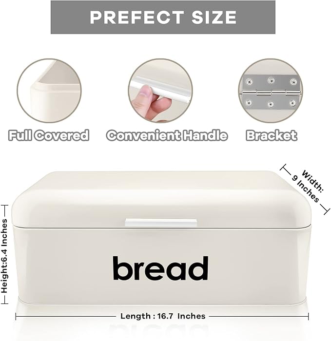 E-far Vintage Bread Box for Kitchen Countertop, Cream Metal Bread Storage Container Retro Bread Bin for Pastries/Loaves/Dry Food, Large Capacity & Modern Design (16.7” x 9” x 6.4”)