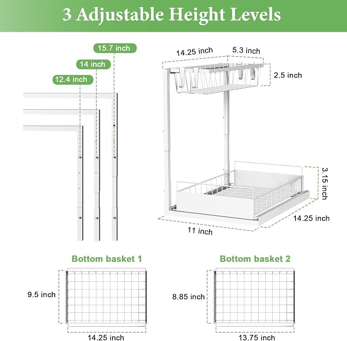 REALINN Under Sink Organizer, Height Adjustable Pull Out Cabinet Organizer, 2 Tier Under Sink Organizers and Storage for Kitchen Bathroom Laundry, White, 2 Pack