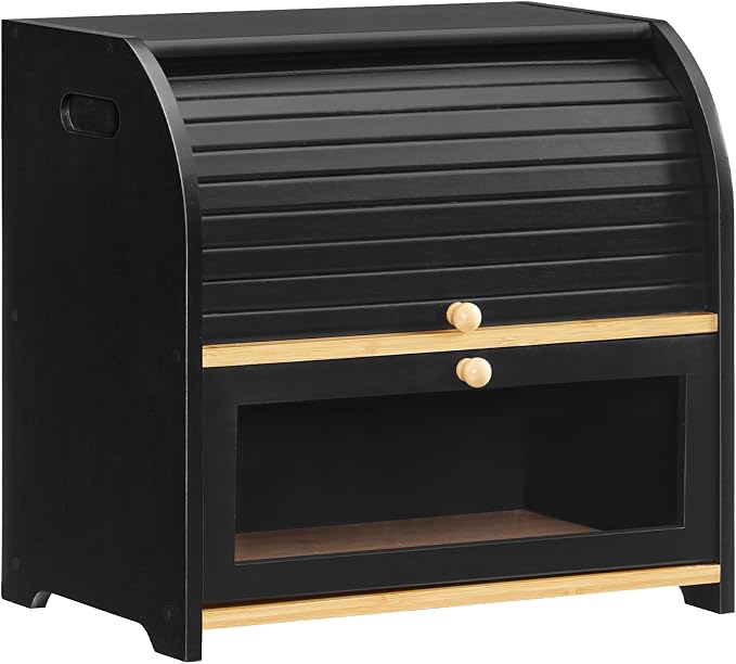 HOOBRO Bread Box, Bamboo Bread Box for Kitchen Countertop, 2 Tier Roll-Top Bread Bin, Food Storage Box, Large Capacity Keeper, Wooden Storage Cabinet, for Kitchen, Dining Room, Black BK13MB01