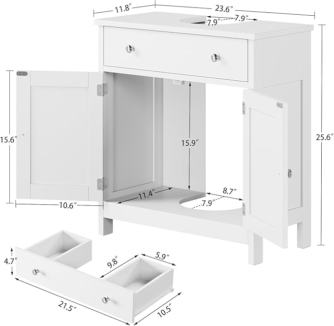 TEENFON Pedestal Sink Storage Cabinet with 2 Barn Doors and Drawer, Bathroom Sink Cabinet with U-Shape Cut-Out, Pedestal Sink Cabinet, White