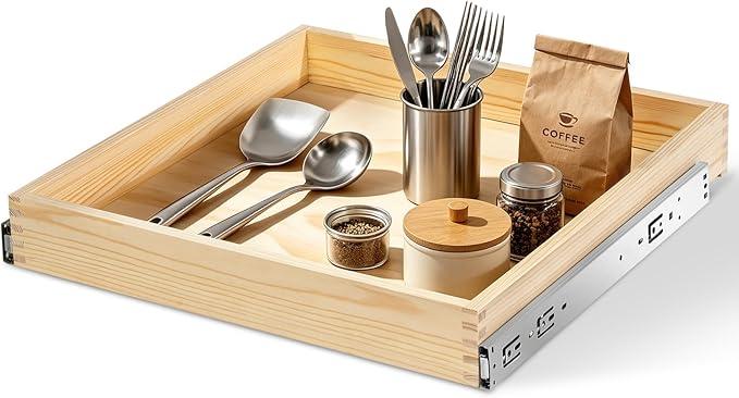 Wooden Pull Out Cabinet Organizer for Kitchen Fully Assembled 21" W x 21" D x 3" H Solid Wood Drawer with Soft Close Slides Bottom or Side Mount for Pantry Bathroom Bedroom Dining Room Storage