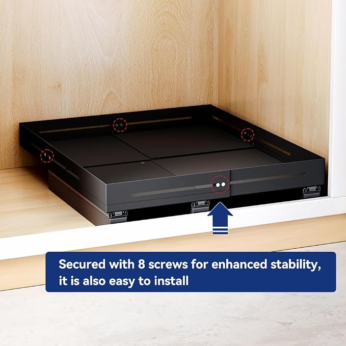 Pull Out Cabinet Organizer With Raising Pad for Framed Cabinets,Adjustable Depth(12.8"-17.5") And Width(14.8"-20.5"),Slide Out Drawers,No Drill Design,Heavy Duty Storing,Black
