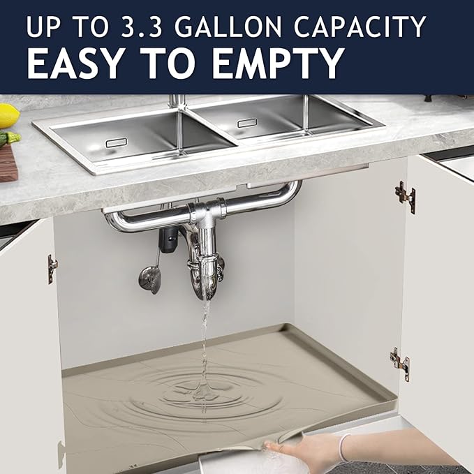 Heavy Duty Silicone Under Sink Mats for Kitchen Waterproof 37" x 19", Extra Thick Under Sink Rubber Mat Drip Tray, Raised Edge Under Sink Liner,Prevent Drips, Leaks, Spills,Brown
